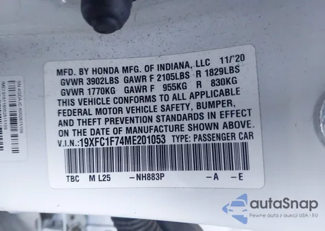 2021 Honda Civic Ex-L из США, поврежденный, VIN 19XFC1F74ME201053